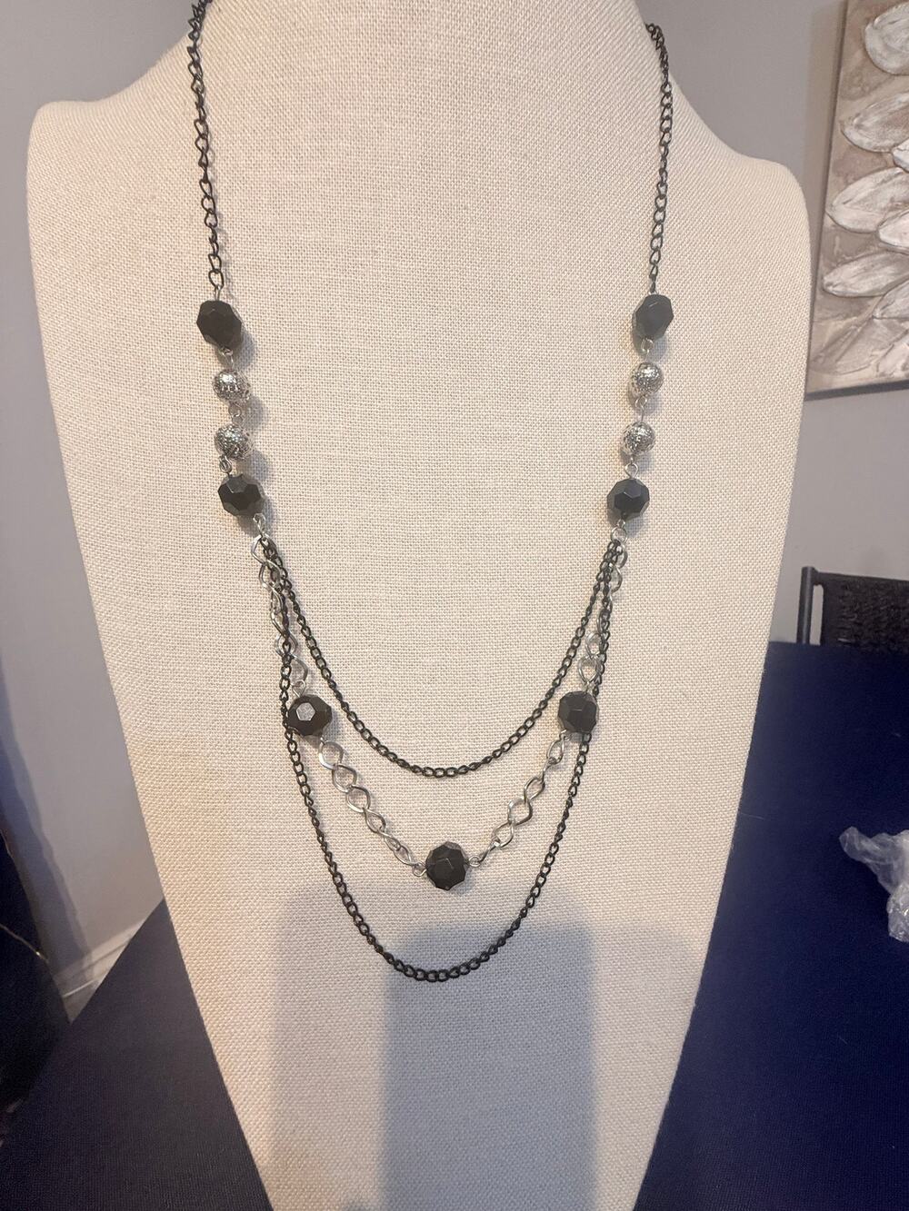 Vintage Black Silver Multi Strand Necklace 28”